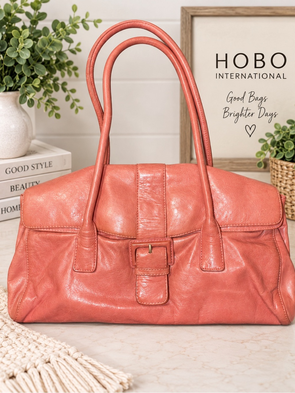 HOBO International Salmon Pink Genuine Leather Satchel Shoulder Bag
